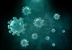 Abstract illustration of virus particles floating on a dark green background.