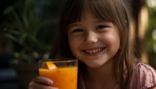 girl enjoys refreshing orange juice outdoors